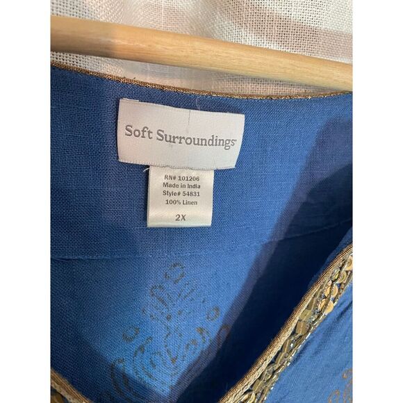 Soft Surroundings Linen Tunic Dress 2X Blue Gold Beaded Sleeveless Boho GUC - Picture 3 of 7